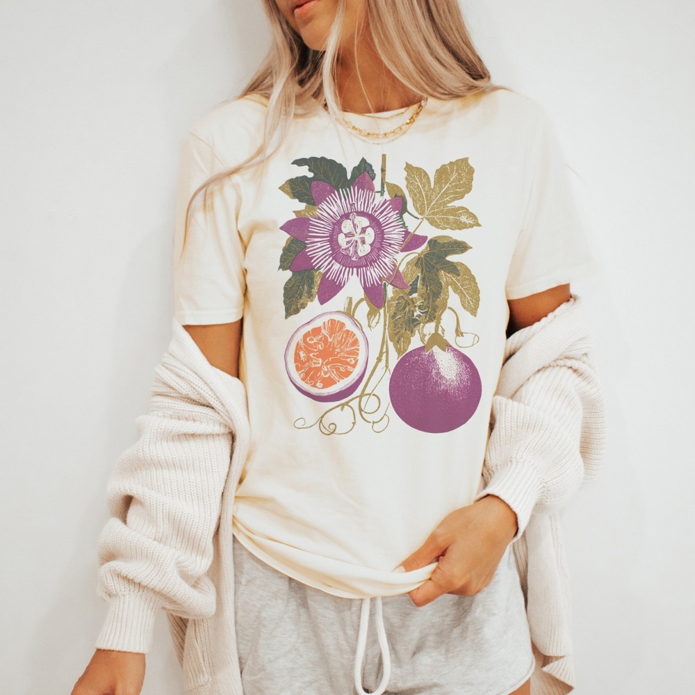 Botanical Garden Graphic Tee with Passion Flower and Fruit Illustration - Picture 3 of 7